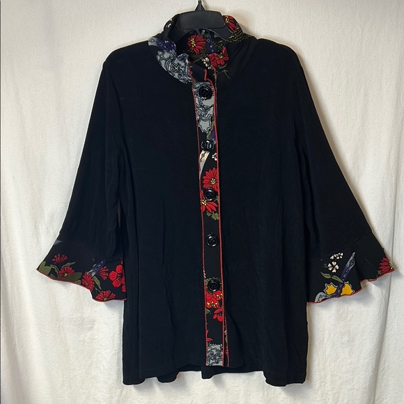Ali Miles Tops - Ali Miles Black Jacket/Top with Red Floral Accents Size XL Viscose Poly Spandex